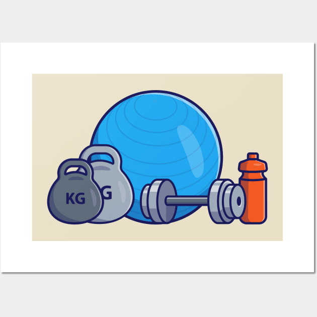 Barbell, Dumbbell, Bottle And Fitness Ball Cartoon Wall Art by Catalyst Labs